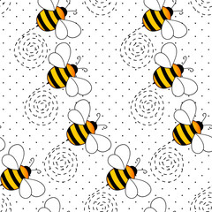 Seamless pattern with bees on white polka dots background. Small wasp. Vector illustration. Adorable cartoon character. Template design for invitation, cards, textile, fabric. Doodle style