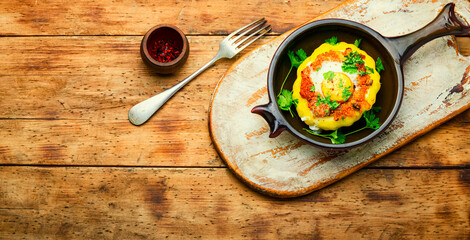 Baked stuffed patisson on rural wooden table