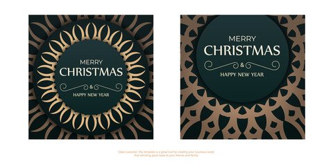 Holiday card Happy New Year in dark green color with vintage yellow ornament