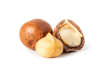 Macadamia nuts healthy nutrition food on white background