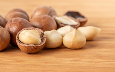 Macadamia nuts on wooden table