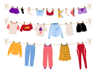 Dry clothes. Hanging clean laundry. Men and women clothing drying on sun. Casual and business outfits. Underwear and garments attached with clothespins to cord. Vector illustration
