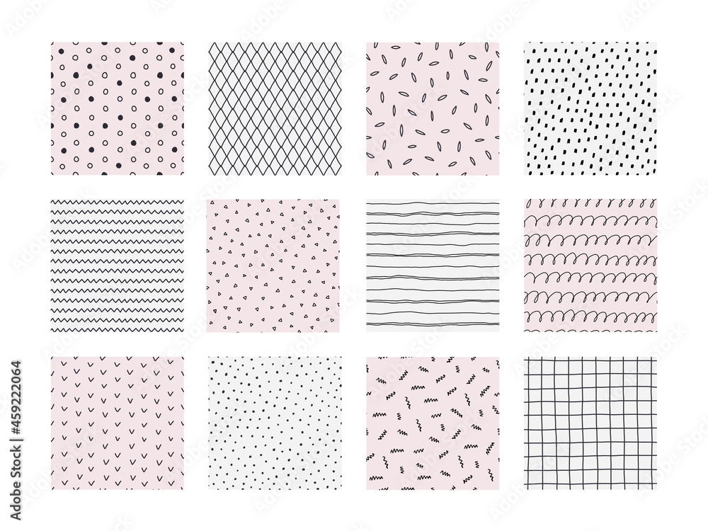 Poster doodle pattern. seamless hand drawn prints with geometric sketch shapes. pastel pink or white backgr