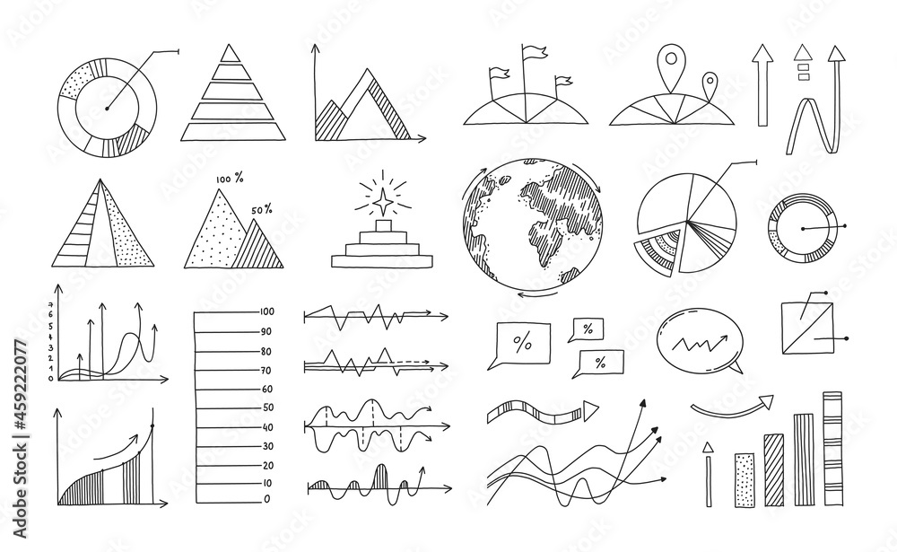 Aufkleber Doodle diagrams. Business presentation and statistics hand drawn infographic elements. Black and white data visualization graphs templates. Vector progress bar and block schemes set