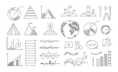 Doodle diagrams. Business presentation and statistics hand drawn infographic elements. Black and white data visualization graphs templates. Vector progress bar and block schemes set