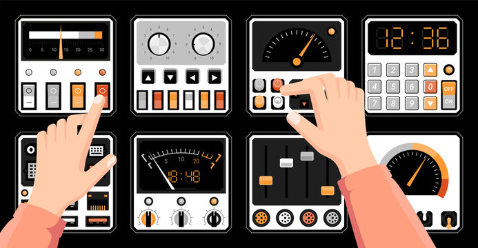 Retro dashboard. Hands on radio control panel with switches. Technical connection ports. Tuners and indicators dials. Arms press buttons on console dashboard UI. Vector illustration