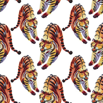 Seamless pattern watercolor hand drawn abstract tiger wild cat isolated on white. Chinese symbol new year. Orange animal with black stripes. Creative background for christmas, celebration, wrapping