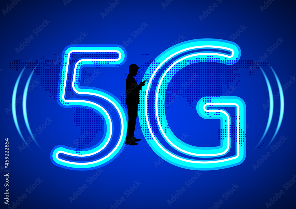 Poster silhouette businessman using smartphone connection technology 5g, concept using smartphone global ne