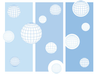Set of blue grid earth globes. Earth globe icons and blue empty vector cards isolated on white background.