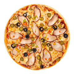Isolated pizza with smoked chicken and olives on white background