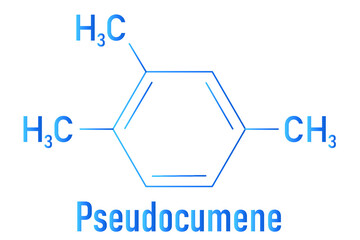 Pseudocumene (1,2,4-trimethylbenzene) aromatic hydrocarbon molecule. Occurs in naturally in coal tar and petroleum. Skeletal formula. - obrazy, fototapety, plakaty