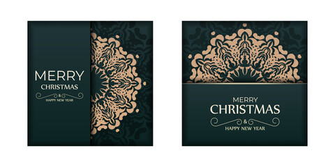 Merry christmas and happy new year flyer template dark green color with vintage yellow pattern