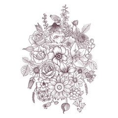 vector drawing vintage composition with flowers, hand drawn illustration