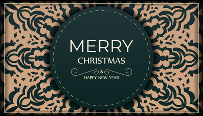 Merry Christmas and Happy New Year greeting card template in dark green color with vintage yellow ornament