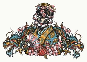 Fototapeta na wymiar Asian kitty geisha princess, sakura flowers and dragons. Japan and China style. Funny pets art, animals hand drawn. Traditional tattooing art. Cats old school tattoo vector concept