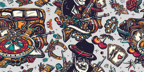 Fototapeta premium Gangsters pattern. Criminal, old noir movie. Traditional tattooing style. Boss plays saxophone, bandits weapons, retro car, casino, robbers. Retro crime seamless background