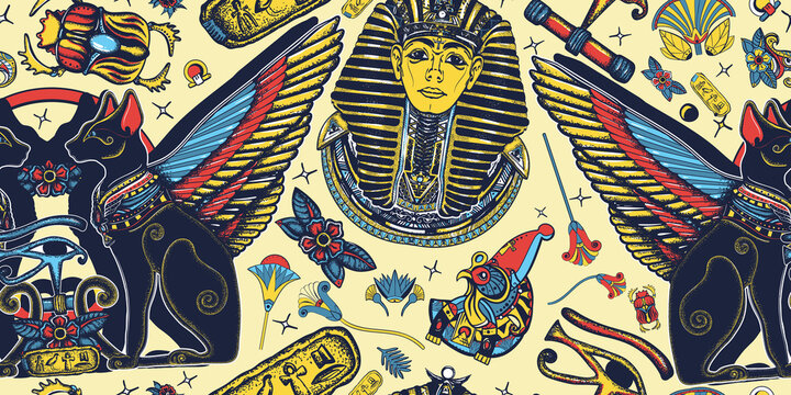 Ancient Egypt. Golden king pharaoh, two winged black cats, sacred eye of god Horus. Egyptian art. Tutankhamen. Seamless pattern