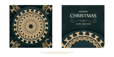 Template Greeting Brochure Merry Christmas dark green with vintage yellow pattern