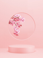 japanese style cosmetic background. Pink podium and cherry blossom background for product presentation. 3d rendering illustration. © allme3d