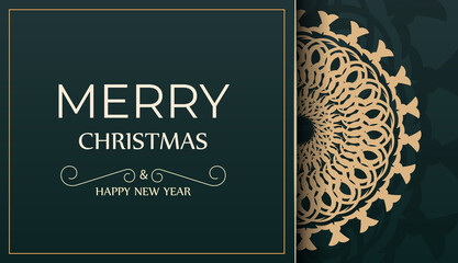 Template Greeting Brochure Happy New Year dark green color with abstract yellow ornament