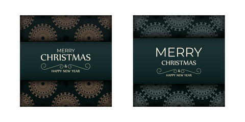 Fototapeta premium Merry christmas dark green color greeting flyer template with winter yellow pattern