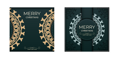 Merry christmas dark green color greeting flyer template with winter yellow ornament