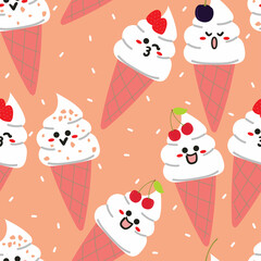 Seamless pattern with cute cartoon ice cream character for fabric print, textile, gift wrapping paper. colorful vector for textile, flat style