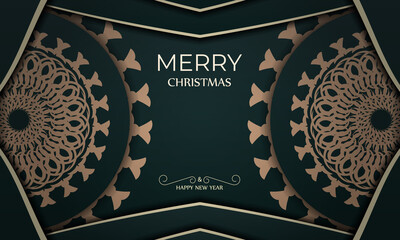 Dark green Happy New Year greeting card with winter yellow pattern