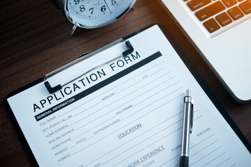 Application Form on laptop computer use Online Web Job. Job Application Hiring Document Form Concept.