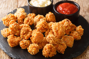 Crispy Chicken Popcorn with Tomato Ketchup and mayonnaise closeup in the slate dish on the table. Horizontal