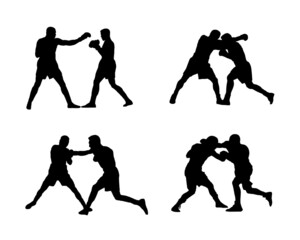 Silhouettes of men boxers, boxing match. Vector black and white illustration