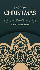 Dark green happy new year flyer with vintage yellow ornament