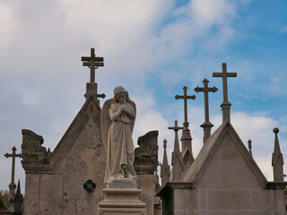 a stone statue of an angel on a graveyard. Focus on the foreground, blur effect