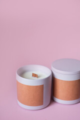 wooden wick candles. Handmade candle made of paraffin and soy wax in a ceramic bowl. Making...