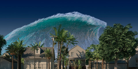 Fototapeta na wymiar Tsunami wave apocalyptic water view urban flood Storm. 3D illustration