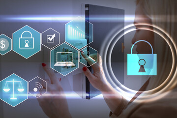 Creative lock illustration with microcircuit and modern digital tablet on desktop on background, top view, cyber security concept