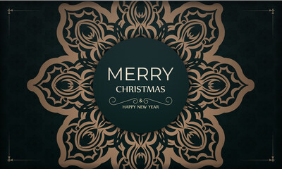 Festive Brochure Merry Christmas and Happy New Year in dark green color with vintage yellow pattern