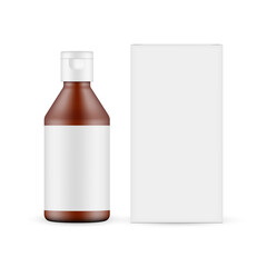 Amber Cosmetic Bottle with Flip Top Cap, Packaging Paper Box Front View, Isolated on White Background. Vector Illustration