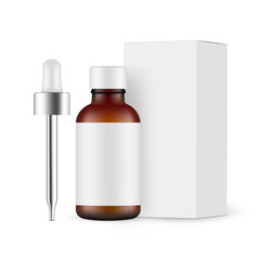 Amber Cosmetic Bottle for Essential Oil with Metal Cap Dropper and Packaging Box Mockup, Isolated on White Background. Vector Illustration