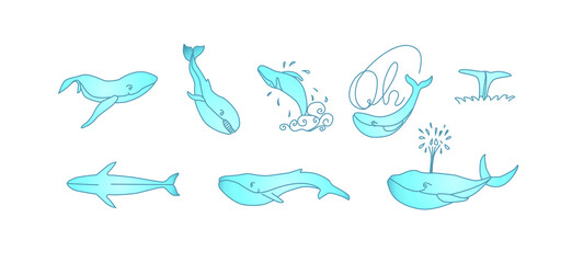 Blue whales set. Whales vector hand drawn illustration.