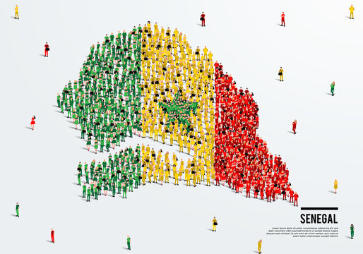 Senegal Map and Flag. A large group of people in the Senegal flag color form to create the map. Vector Illustration.