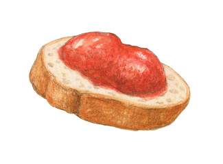 いちごジャムののったパン　水彩色鉛筆イラスト