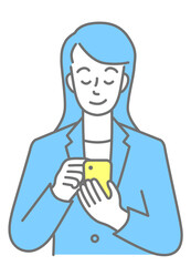 Upper body of a young woman in a suit playing with her phone (colored)