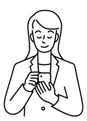Upper body of a young woman in a suit playing with her phone (line)