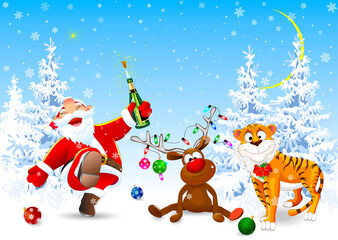 Santa, deer and tiger celebrate Christmas. Santa, deer and tiger in the winter forest. Winter snowy night on Christmas Eve