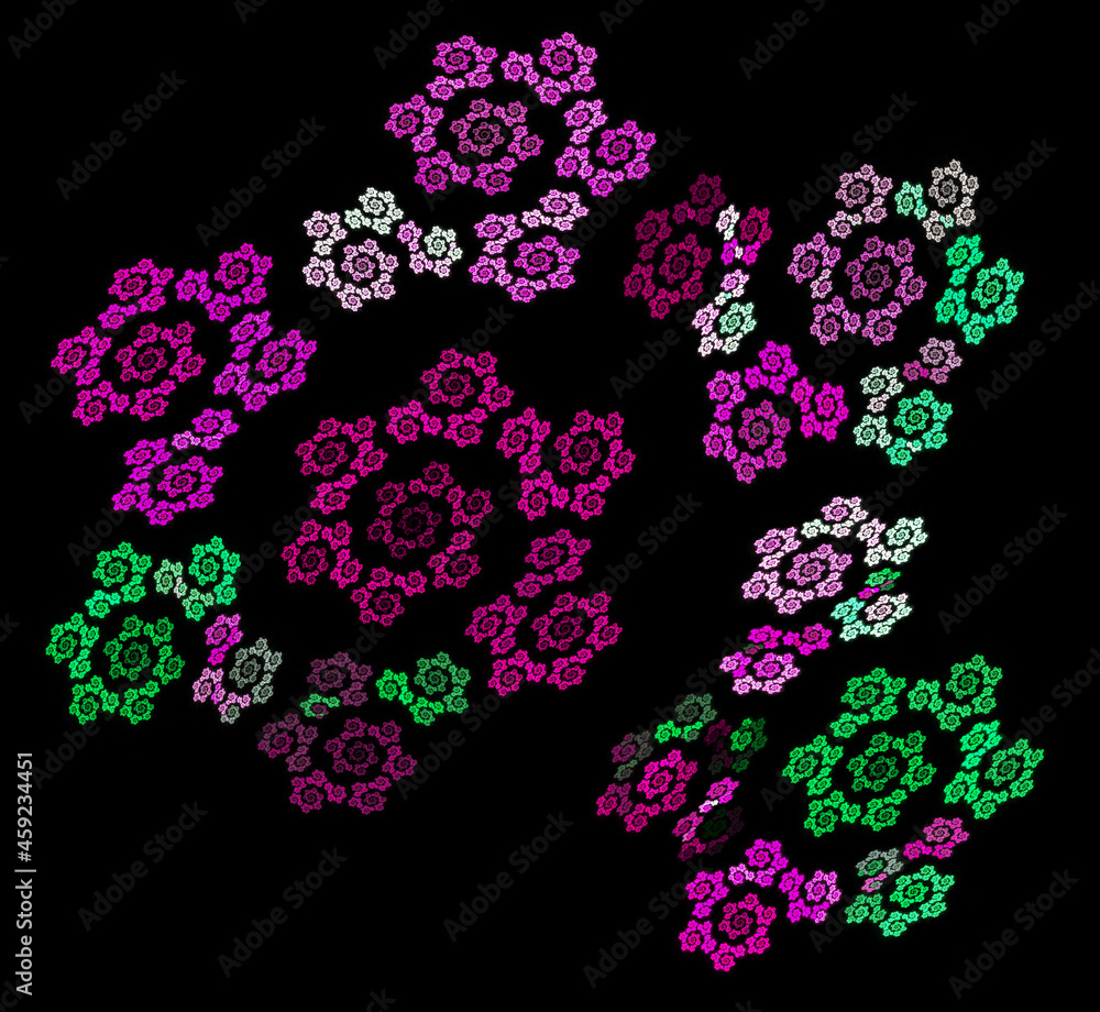 Poster purple, green and white spirals form a colorful pattern on a black background. abstract fractal back