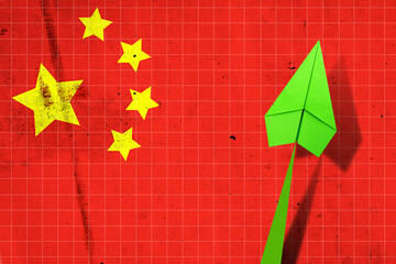 Upward arrow on the background of the flag of China. Paper plane. Economic recovery. Copy space....