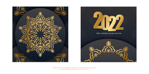 2022 Merry Christmas Black Greeting Card with Winter Gold Ornament