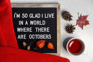 Cup of tea, felt board with message I am so glad I live in a world where there are Octobers....