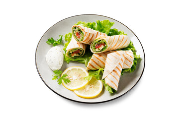 Wrap sandwich, roll with salted salmon fish and fresh vegetables. Isolated on white background. 